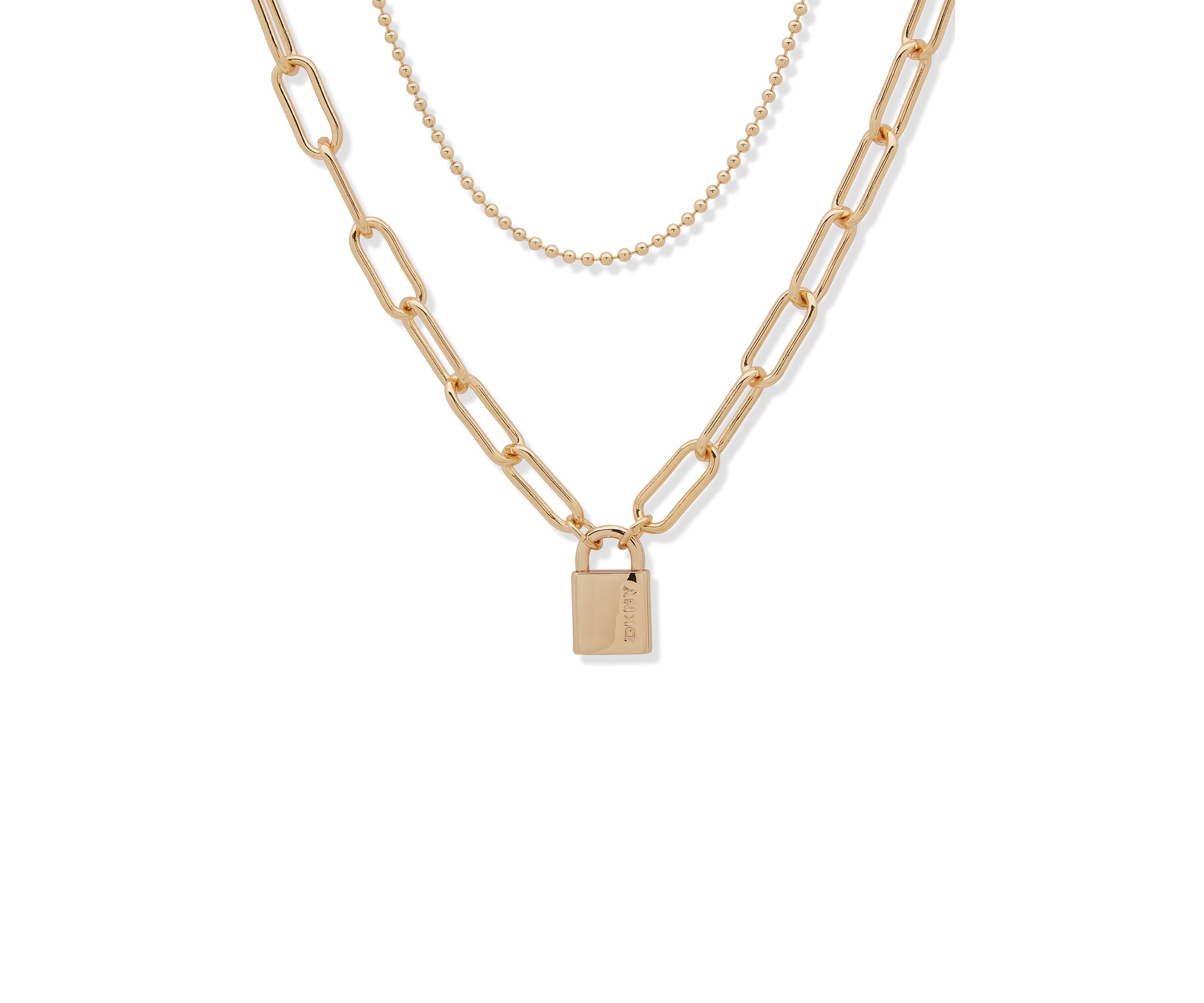 Gold Tone 2 Row Logo Lock Pendant Necklace