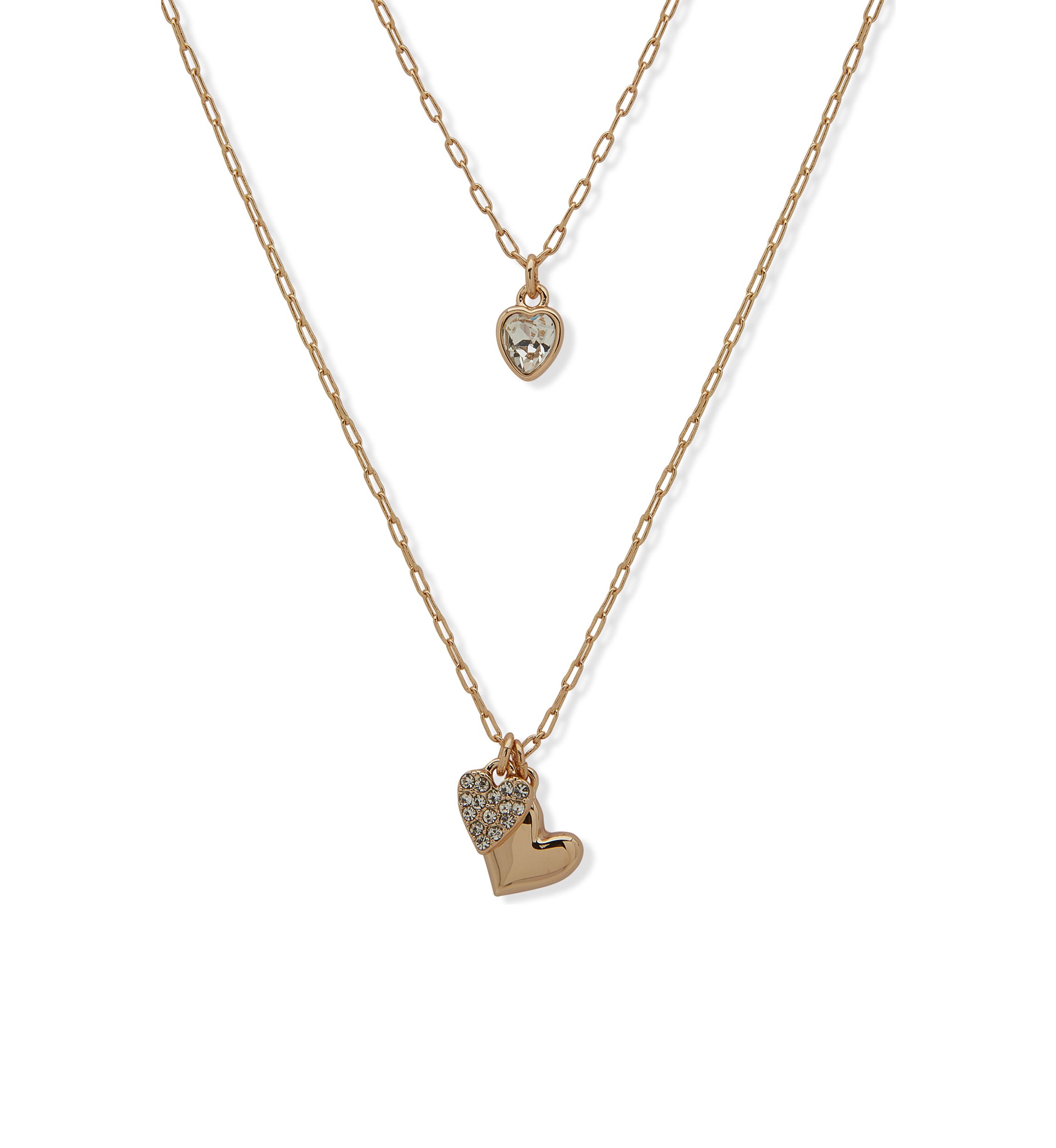 Gold Tone Crystal White 2 Row Heart Pendant Necklace 