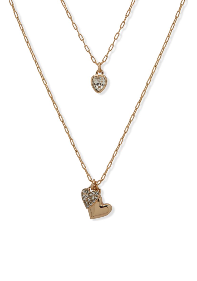 Gold Tone Crystal White 2 Row Heart Pendant Necklace 