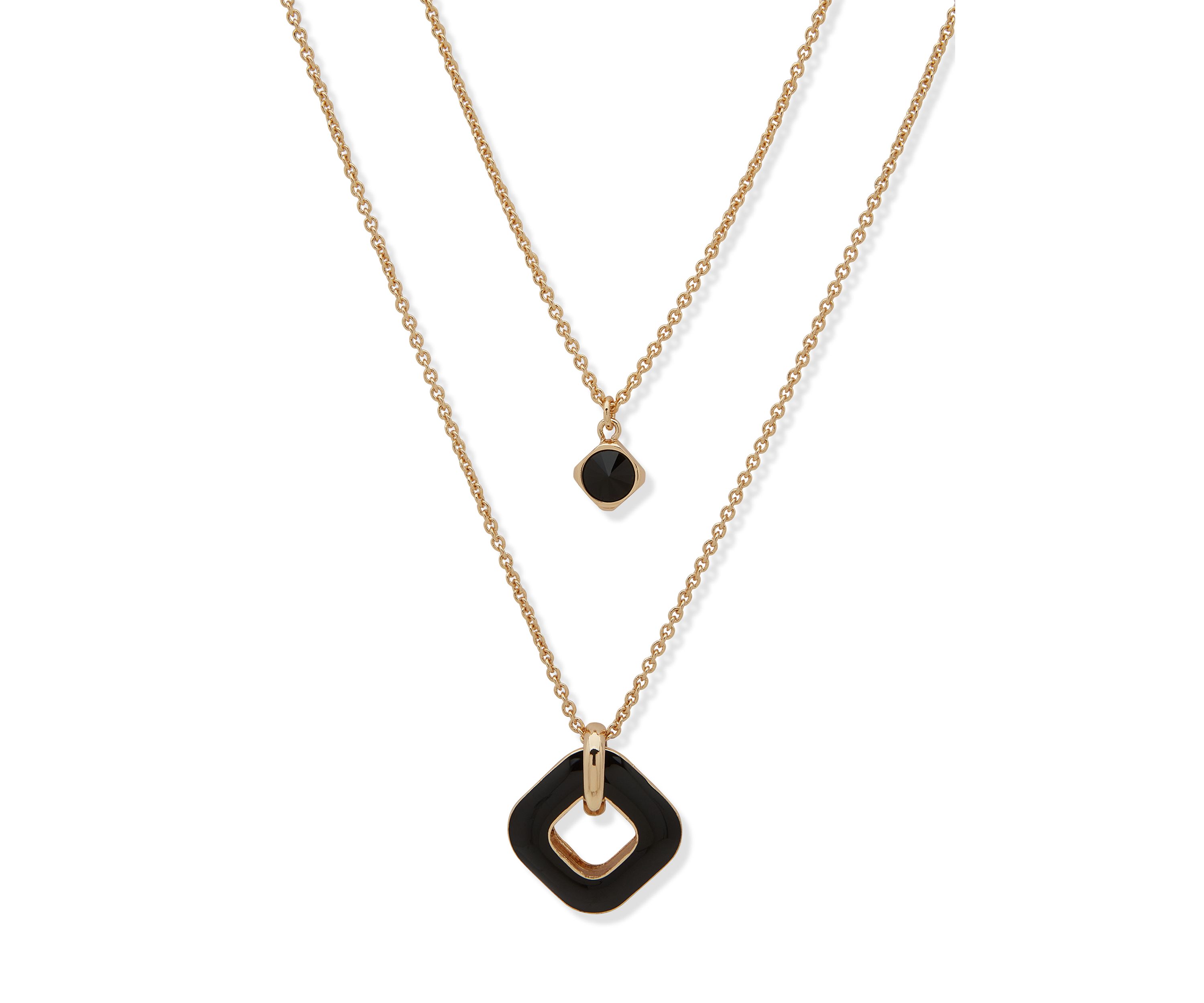 Gold Tone 2 Row Black Square Pendant Necklace