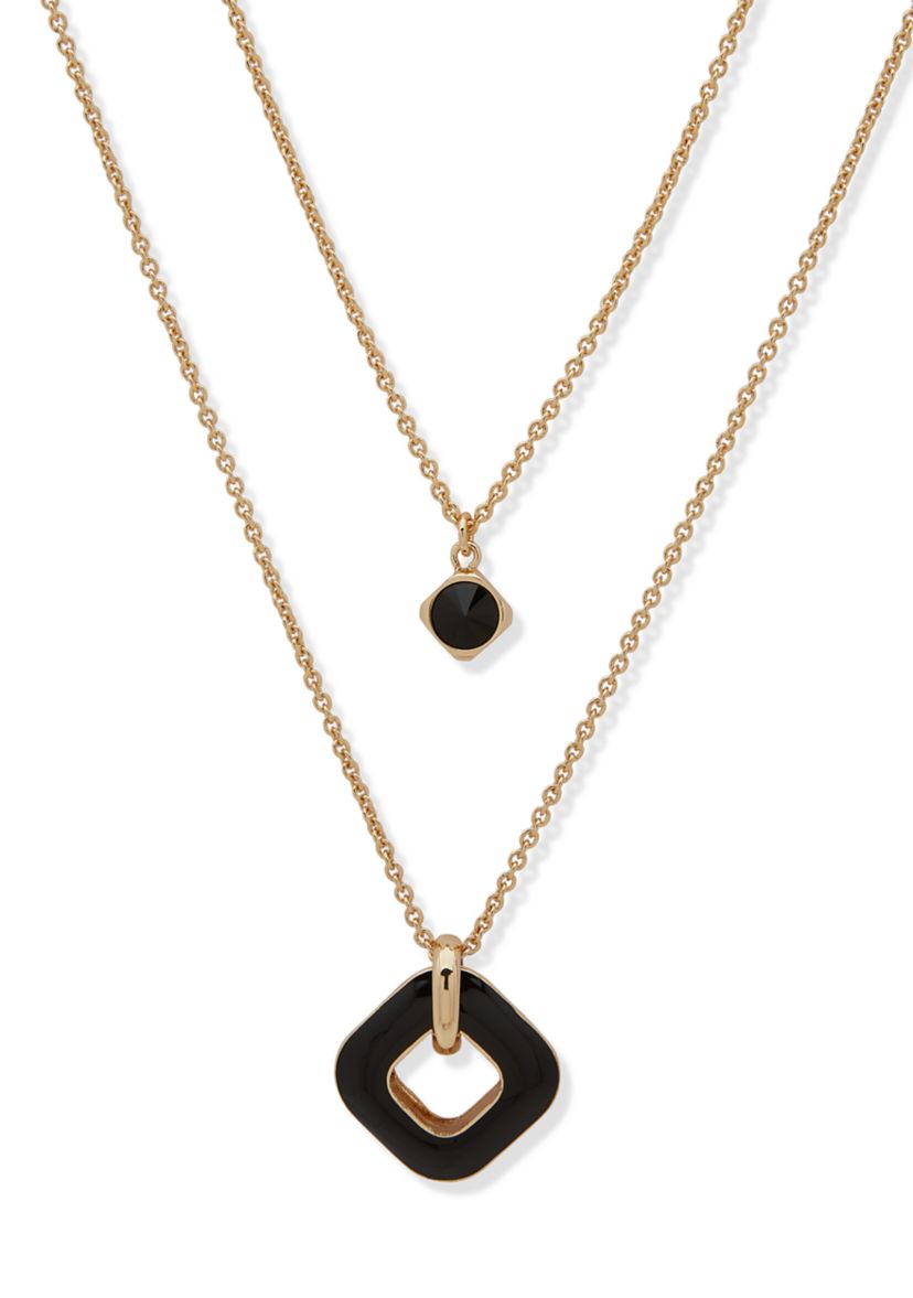 Gold Tone 2 Row Black Square Pendant Necklace