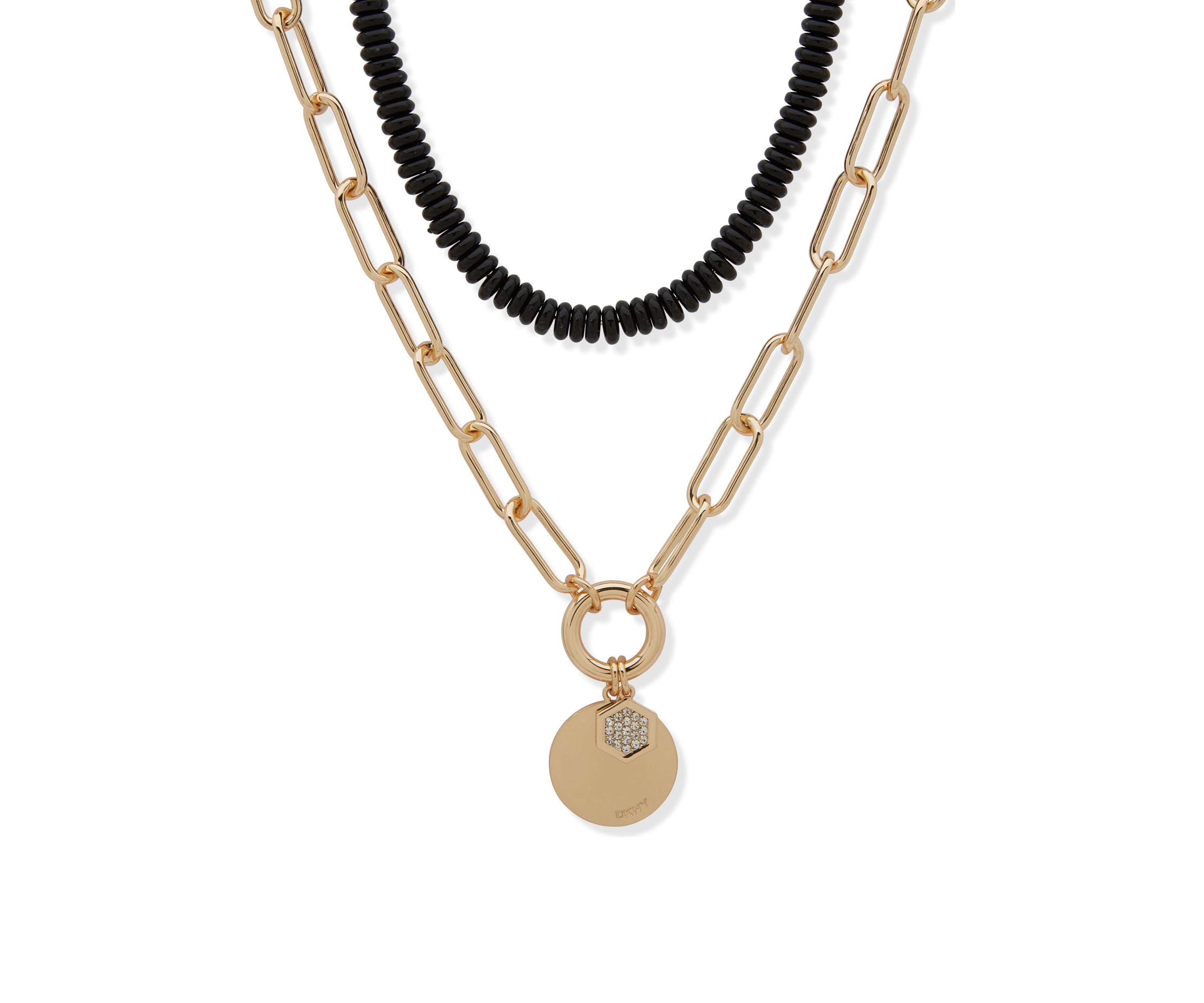 Gold Tone Jet 2 Row Bead Pendant Necklace