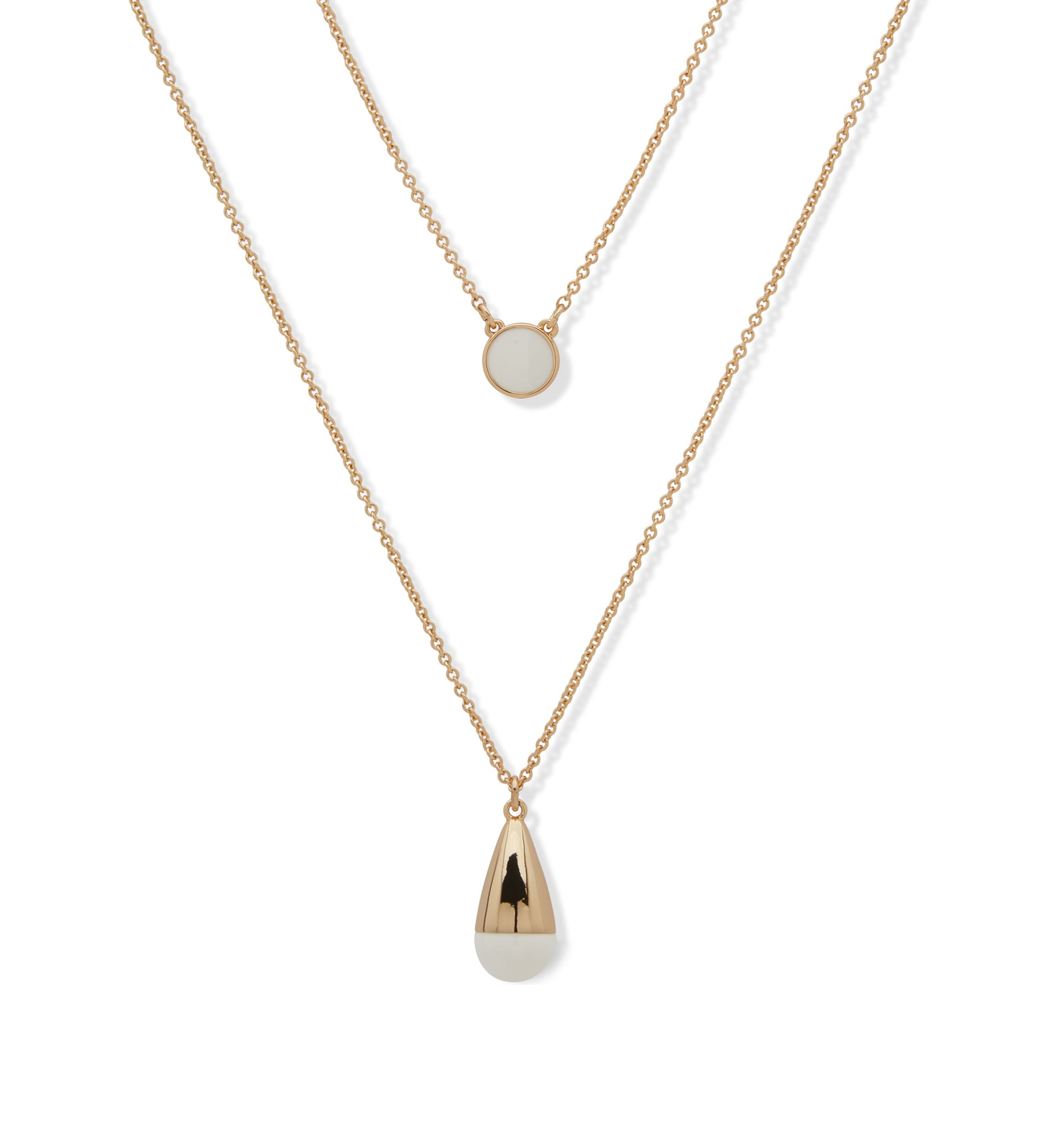 Gold Tone White 2 Row Pendant Necklace