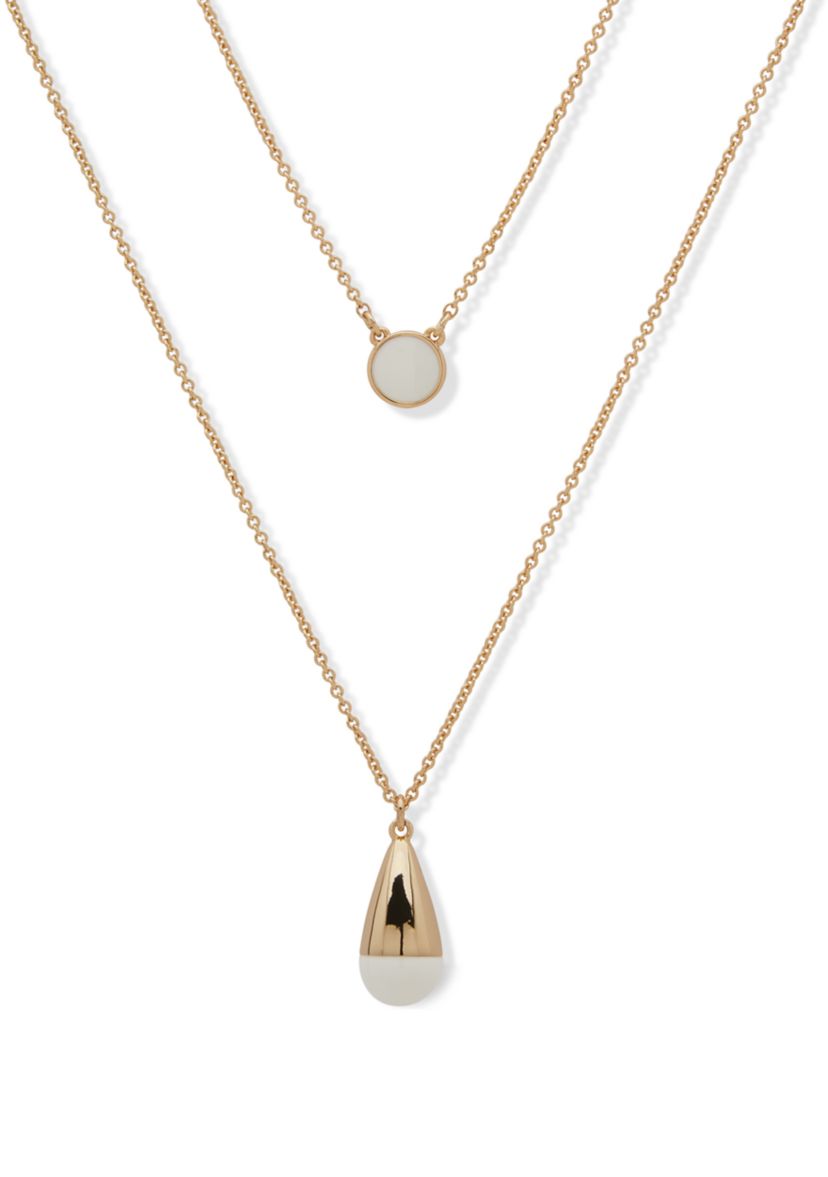 Gold Tone White 2 Row Pendant Necklace