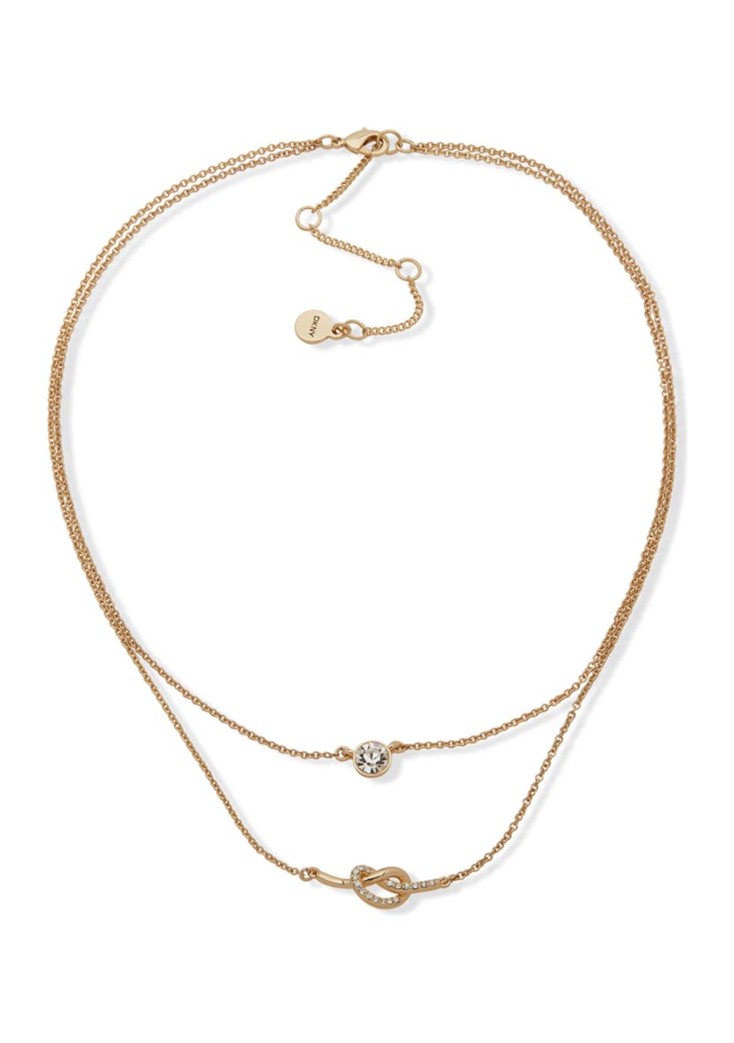 Gold Tone Crystal White 2 Row Pavé Knot Necklace