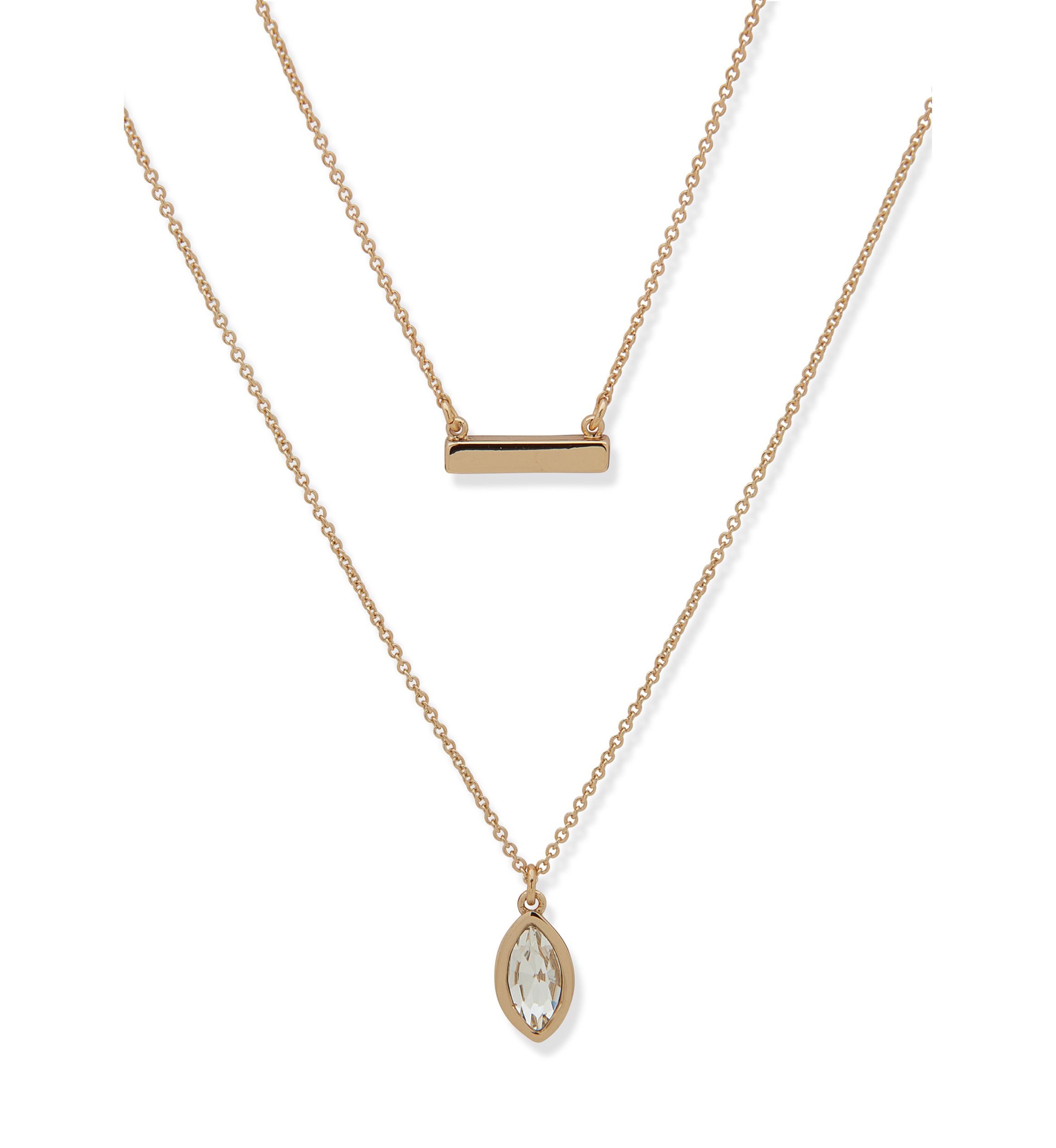 Gold Tone Crystal Two Row Stone Pendant Necklace