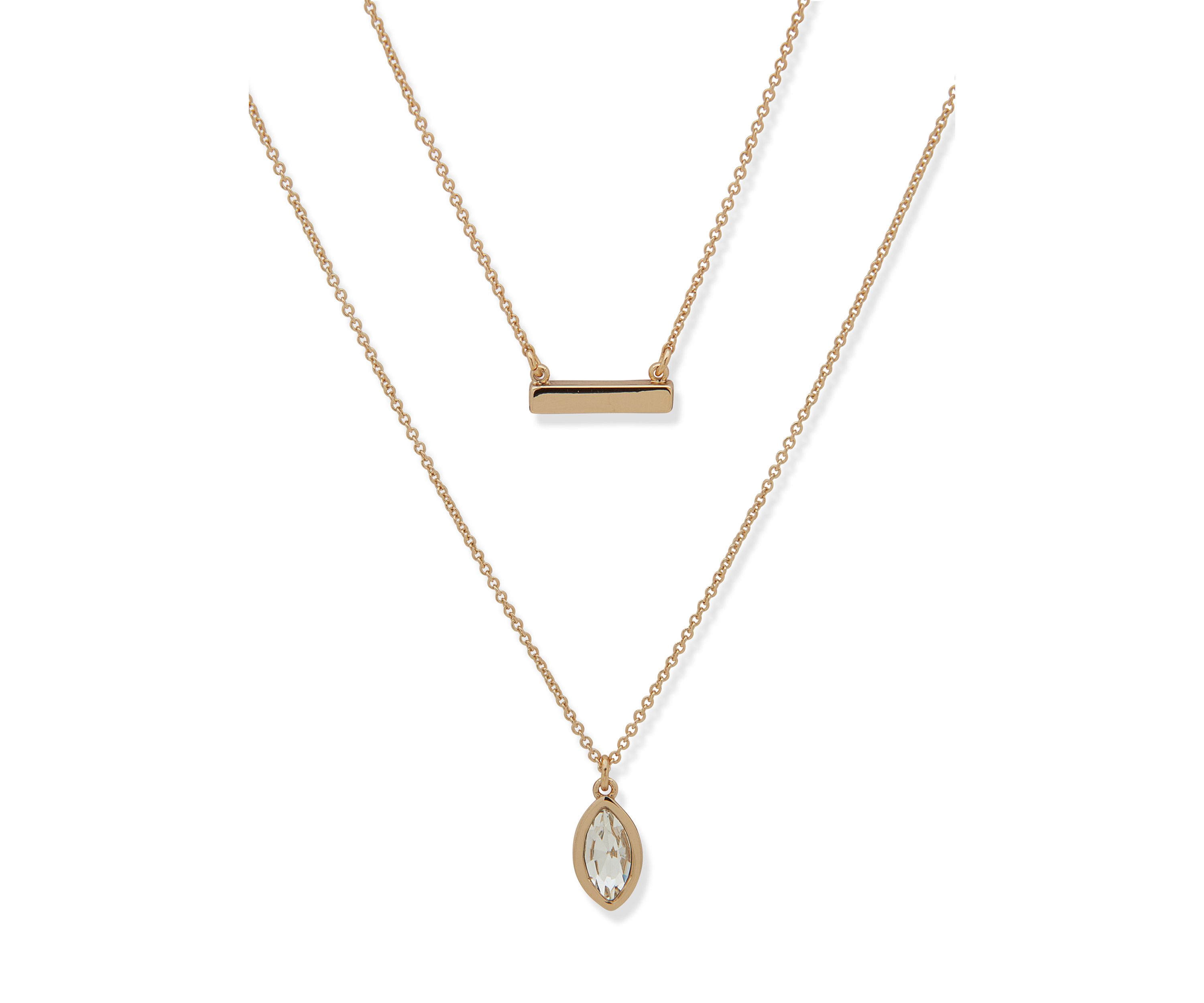 Gold Tone Crystal Two Row Stone Pendant Necklace