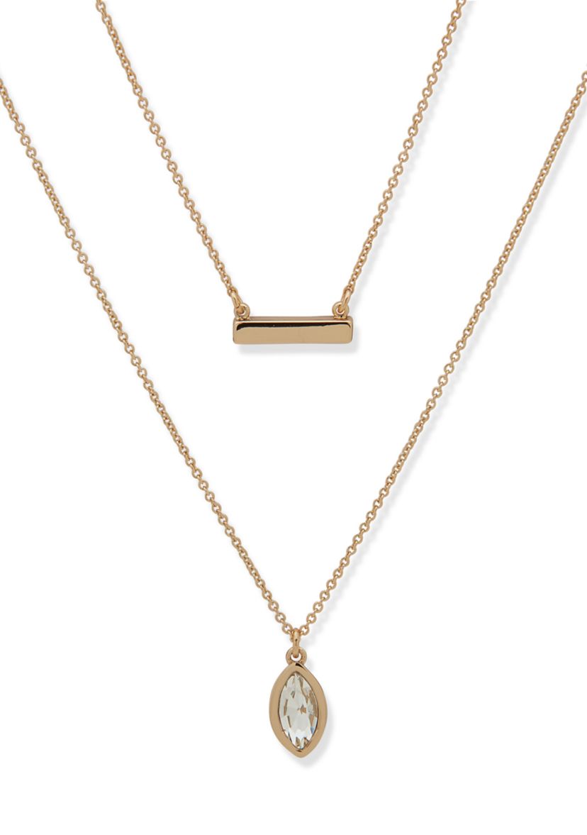 Gold Tone Crystal Two Row Stone Pendant Necklace