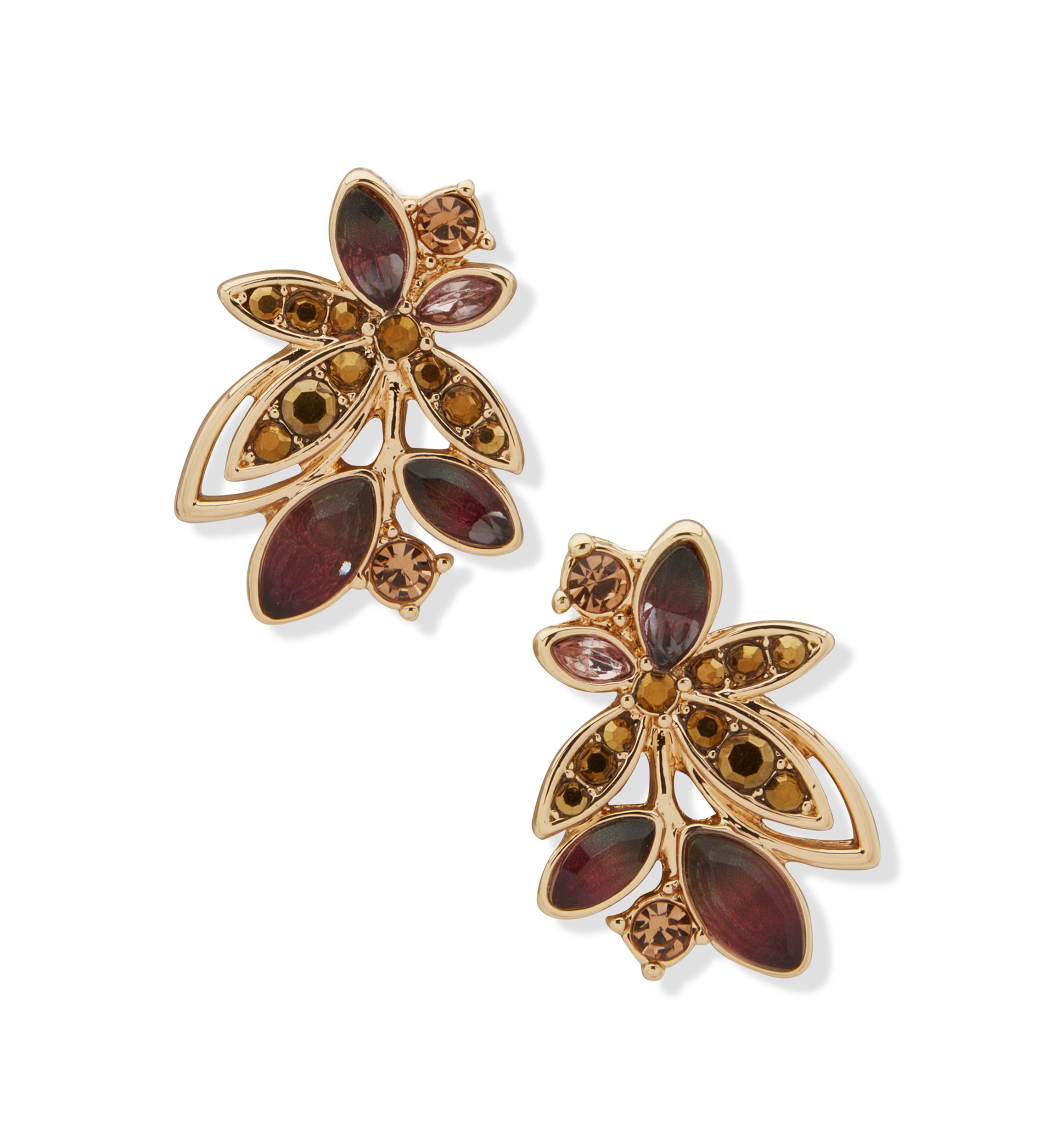 Gold Tone Pave Stone Leaf Stud Earrings