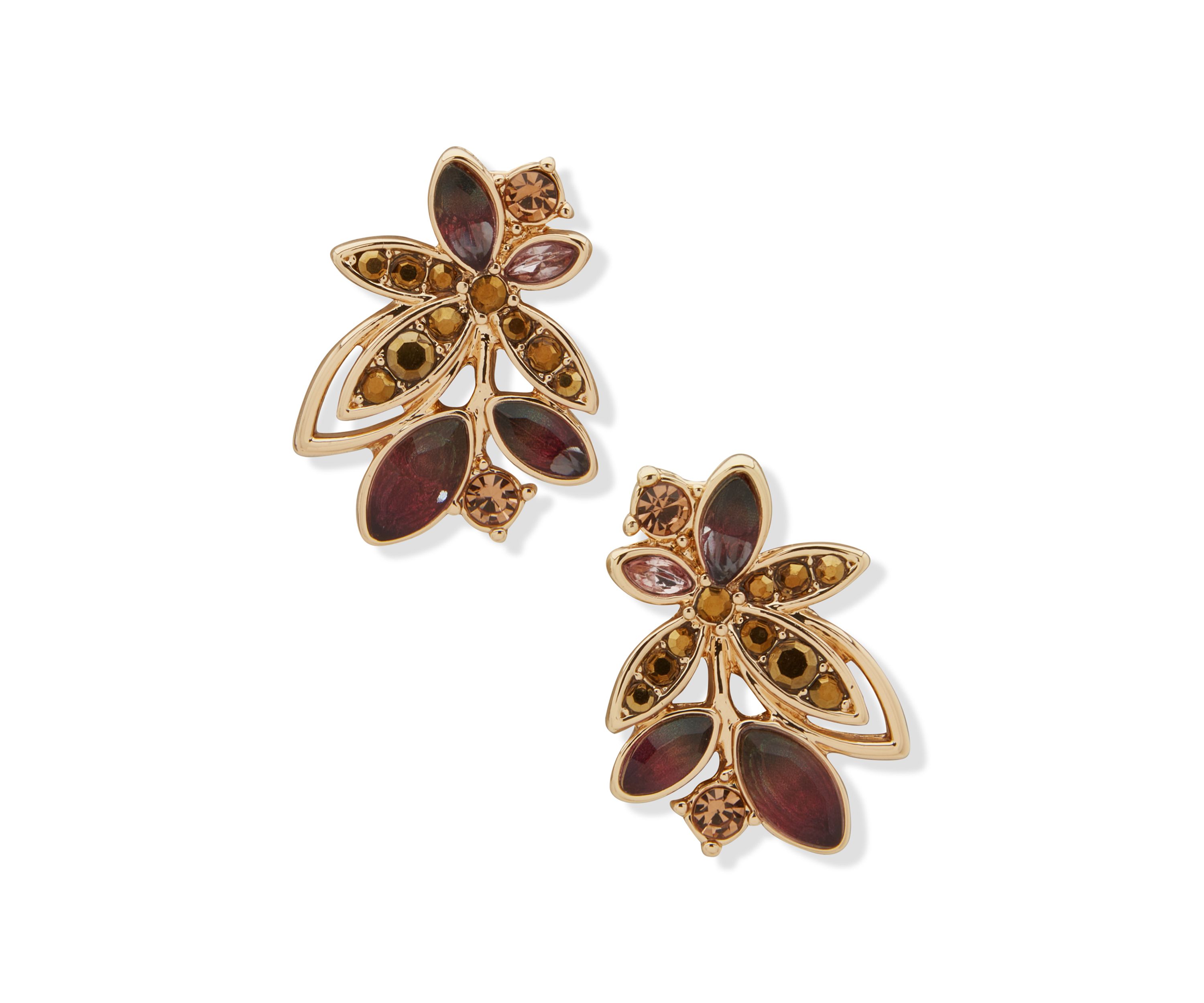 Gold Tone Pave Stone Leaf Stud Earrings