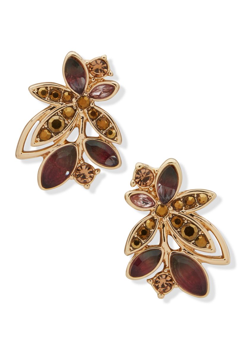 Gold Tone Pave Stone Leaf Stud Earrings
