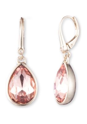 DKNY Gold Tone Crystal and Pink Stone Lever Back Drop Earrings -  580087411771558