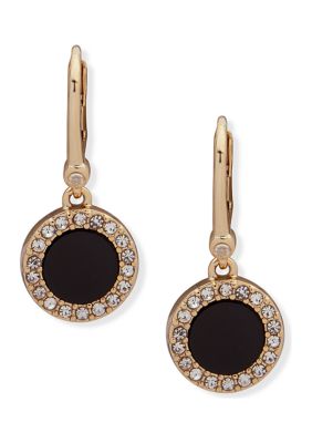 DKNY Gold Tone Crystal and Black Lever Back Drop Earrings -  580087411771560