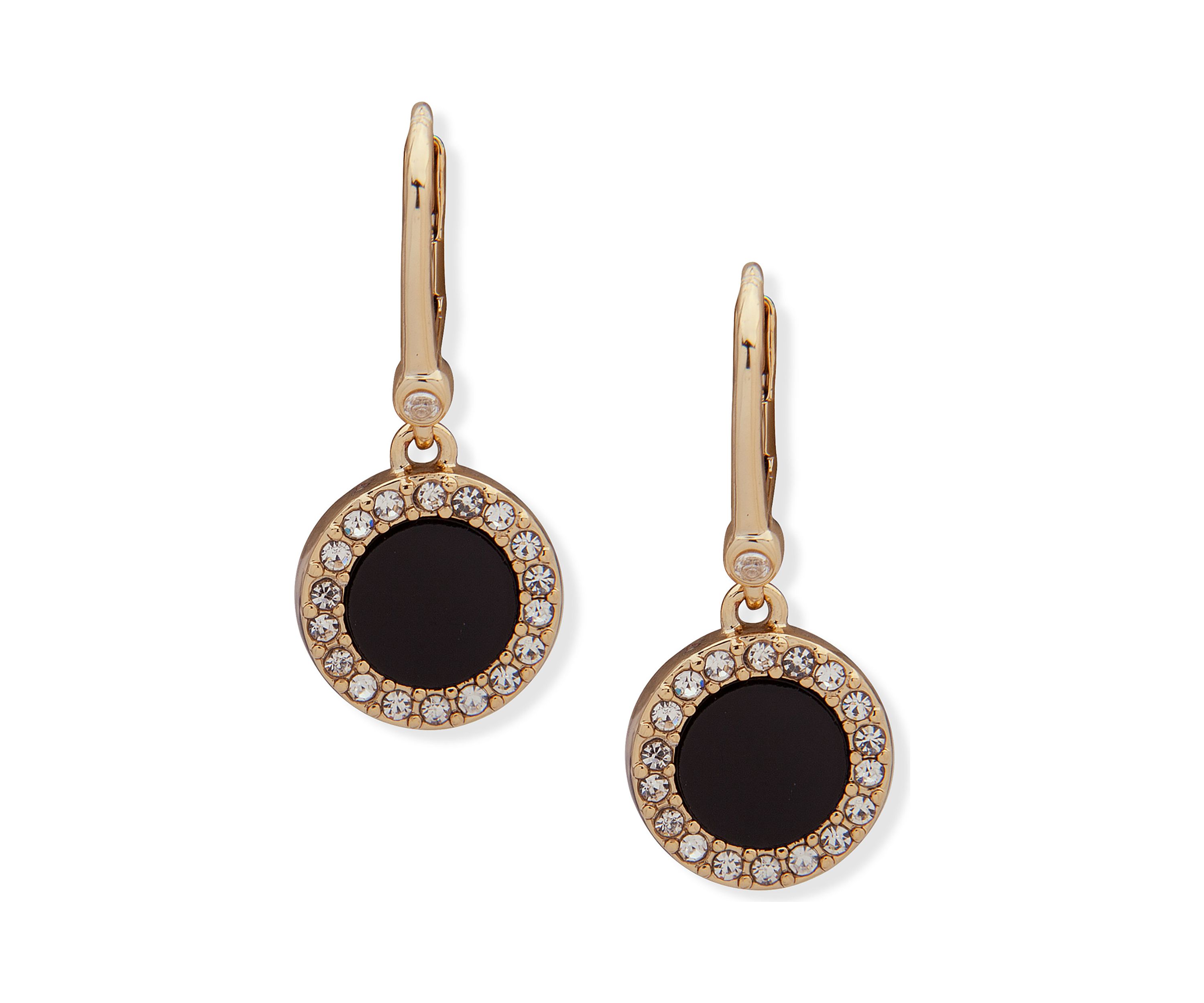 Gold Tone Crystal and Black Lever Back Drop Earrings