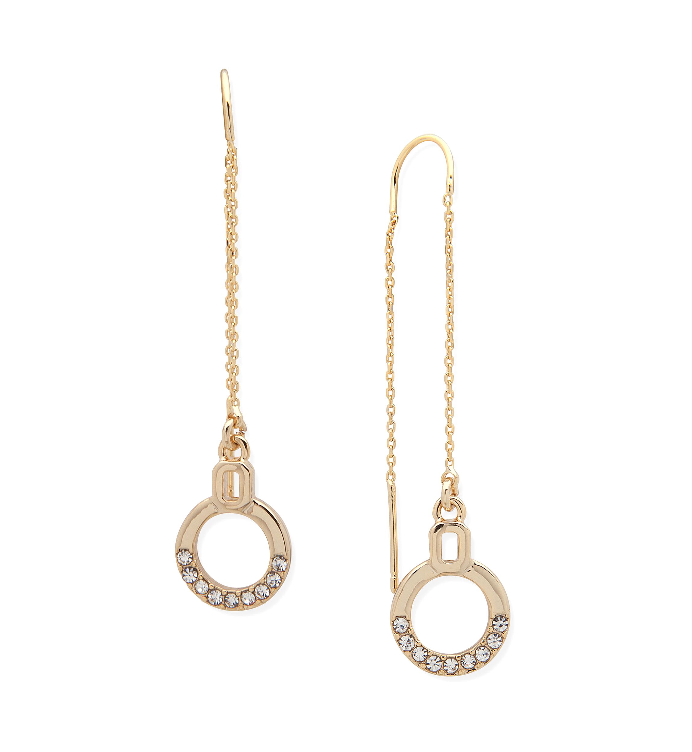 Gold Tone Crystal Pave Ring Threader Earrings