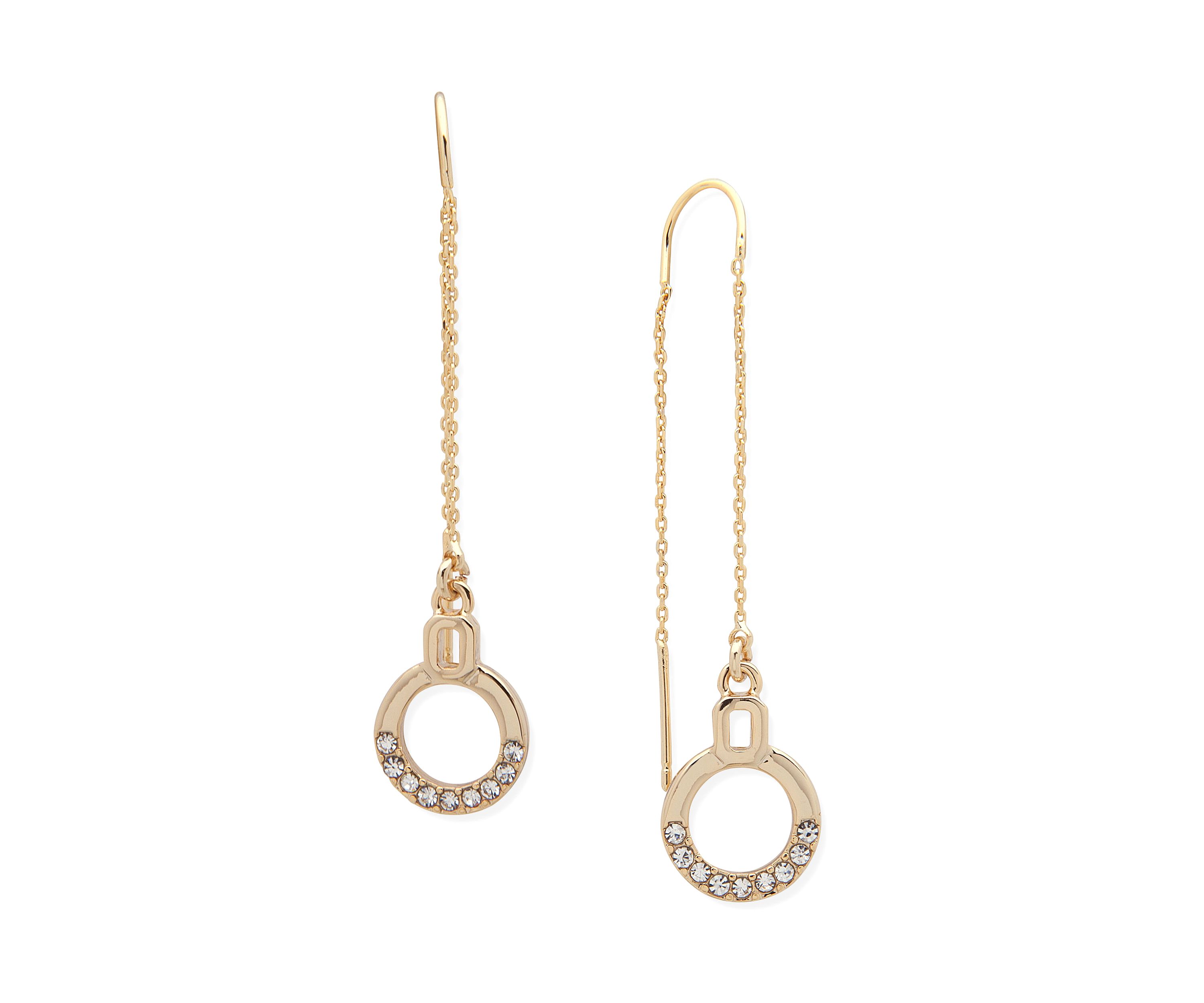 Gold Tone Crystal Pave Ring Threader Earrings