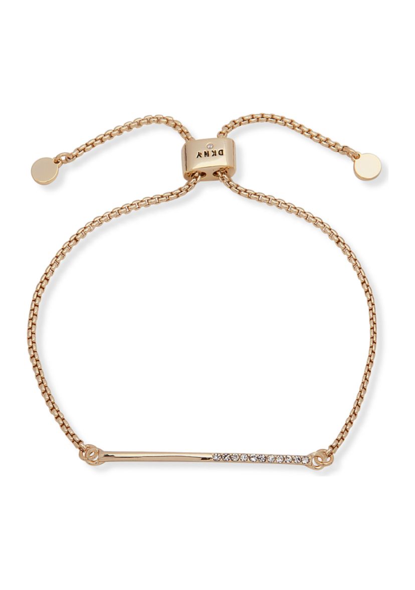 Gold Tone Half Crystal Pave Bar Slider Bracelet 