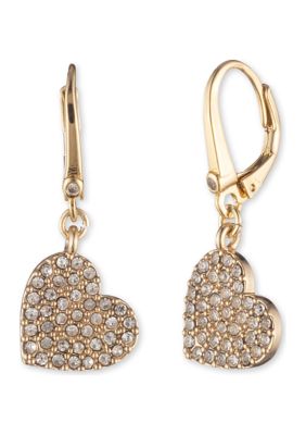 DKNY Gold Tone Crystal Heart Lever Back Drop Earrings -  580087460527644