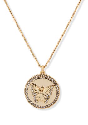 DKNY Gold Tone 16" Crystal Pave Butterfly Coin Pendant Necklace