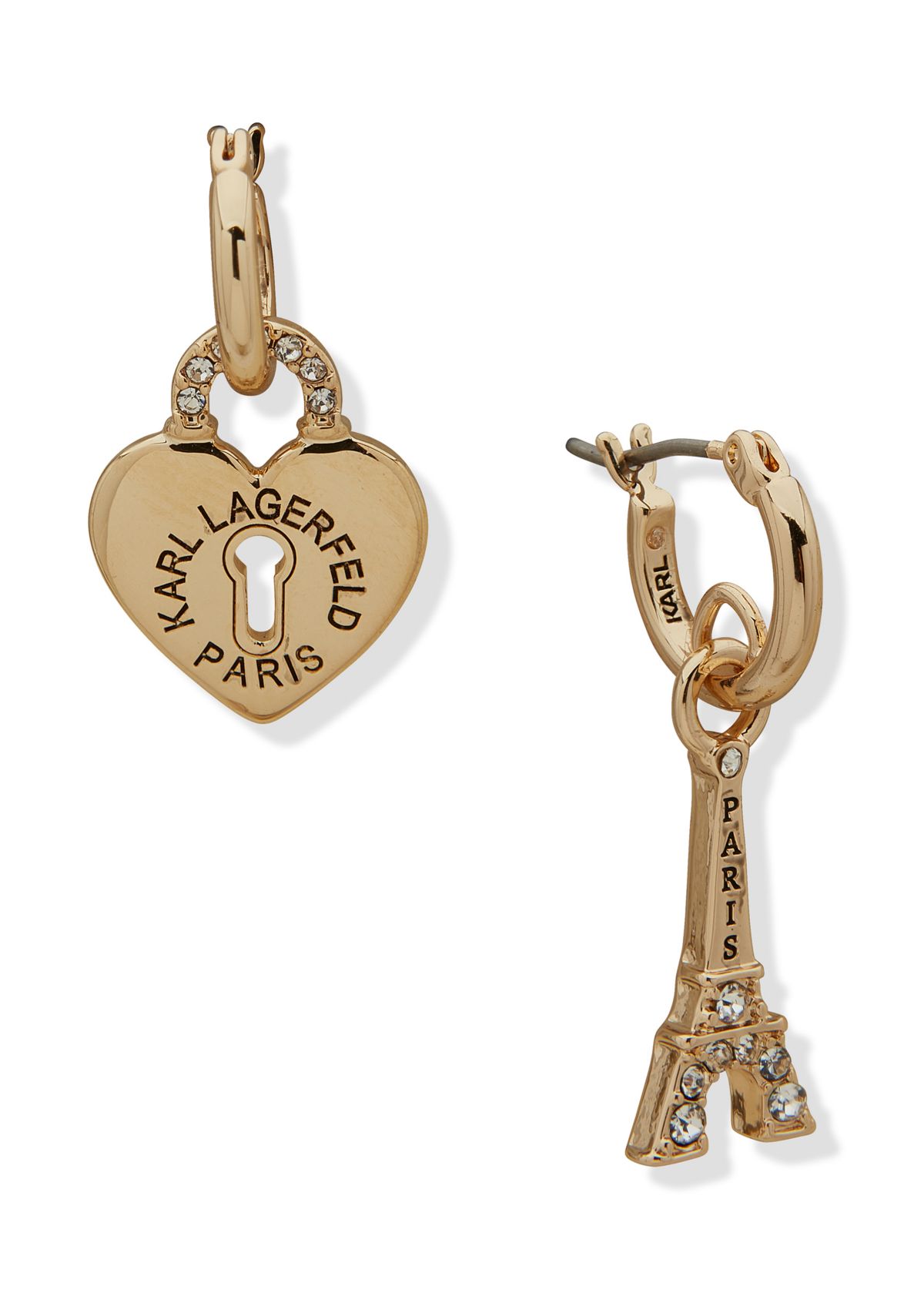 Gold Tone Crystal Mismatched Charm Drop Earrings