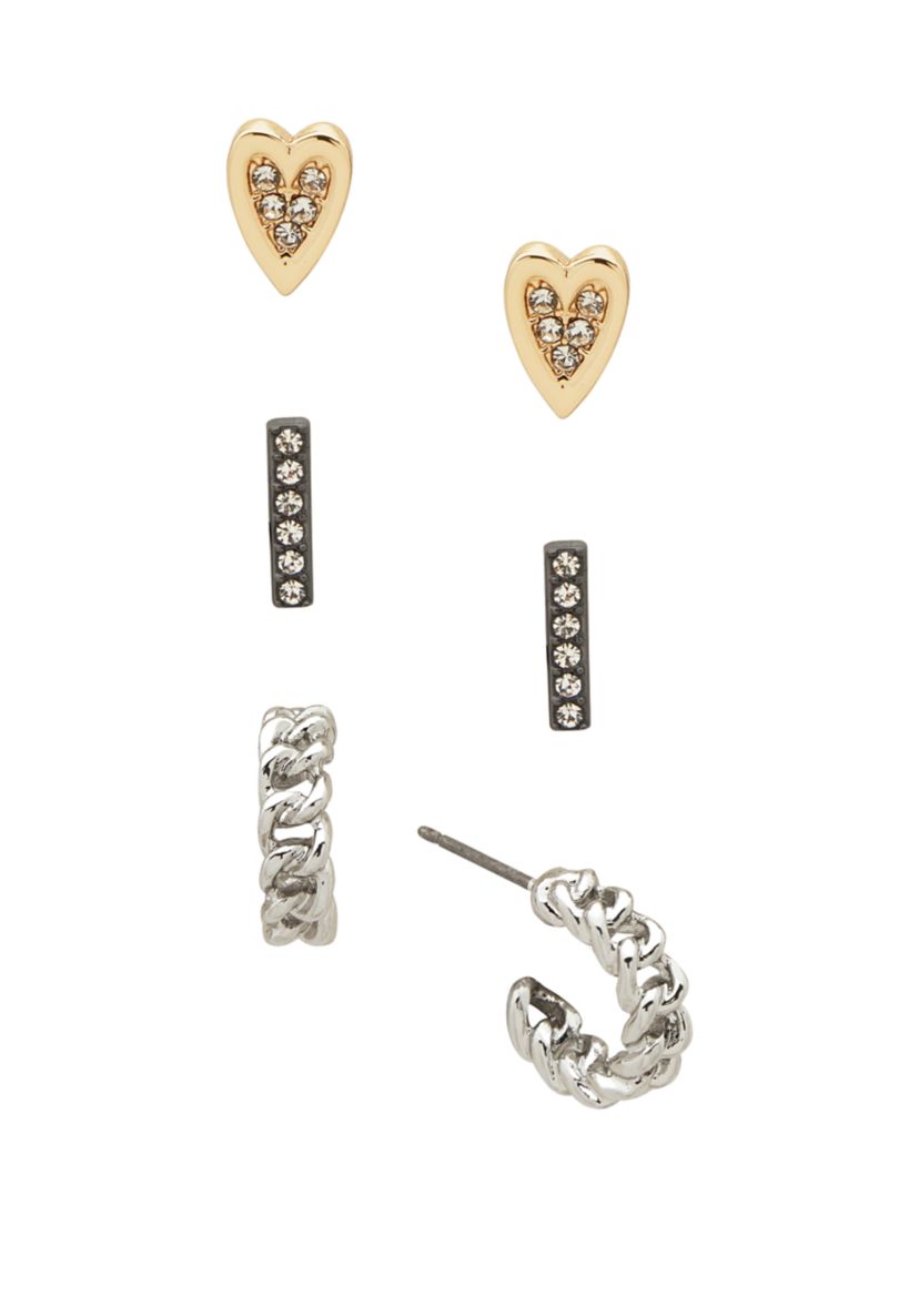 Tri Tone  Crystal Heart Trio Earrings