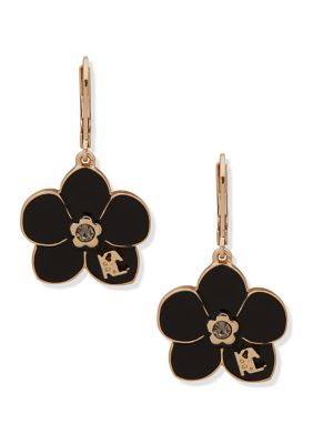 Gold Tone Enamel Flower Drop Earrings