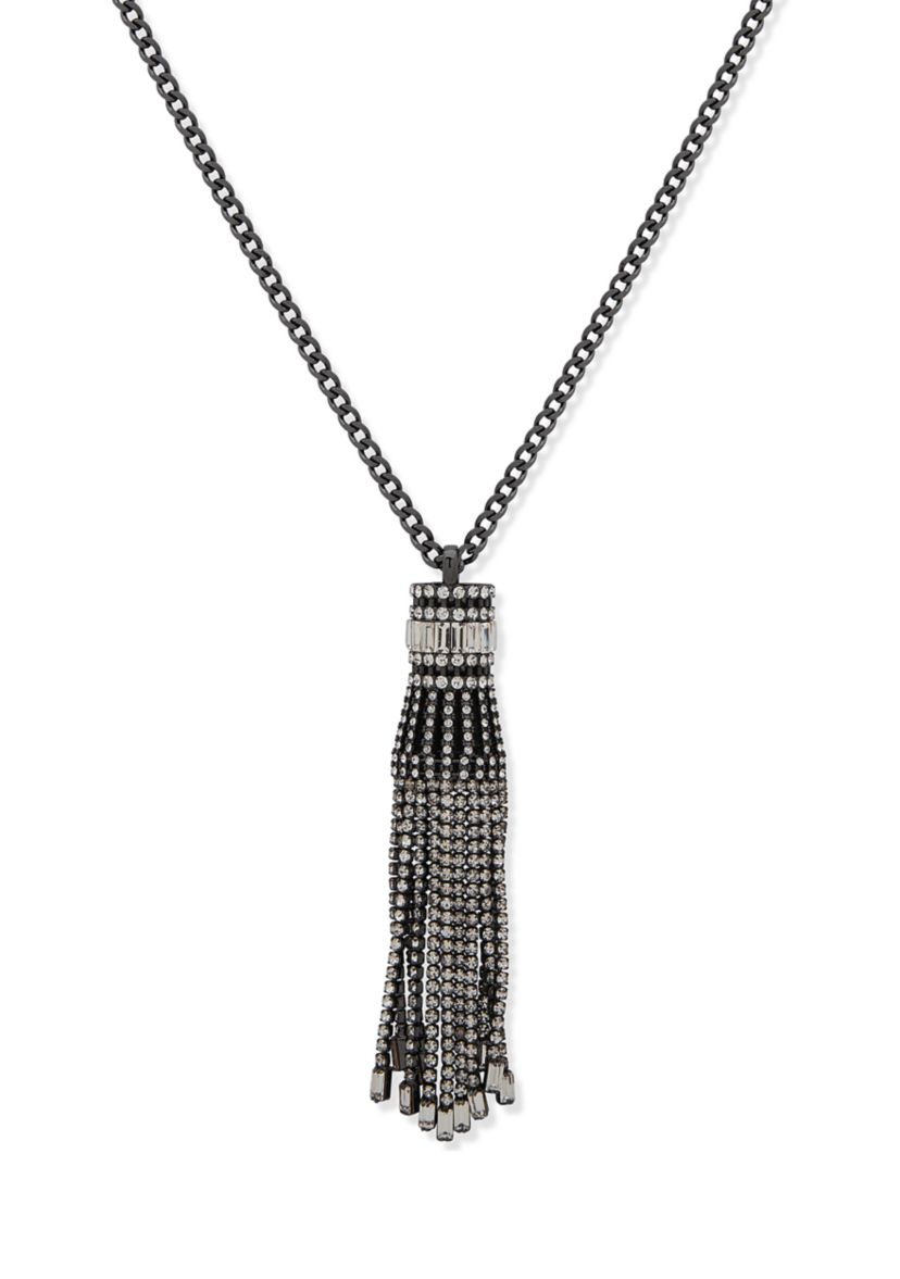 Hematite Tone 36" Crystal Adjustable Pendant Necklace