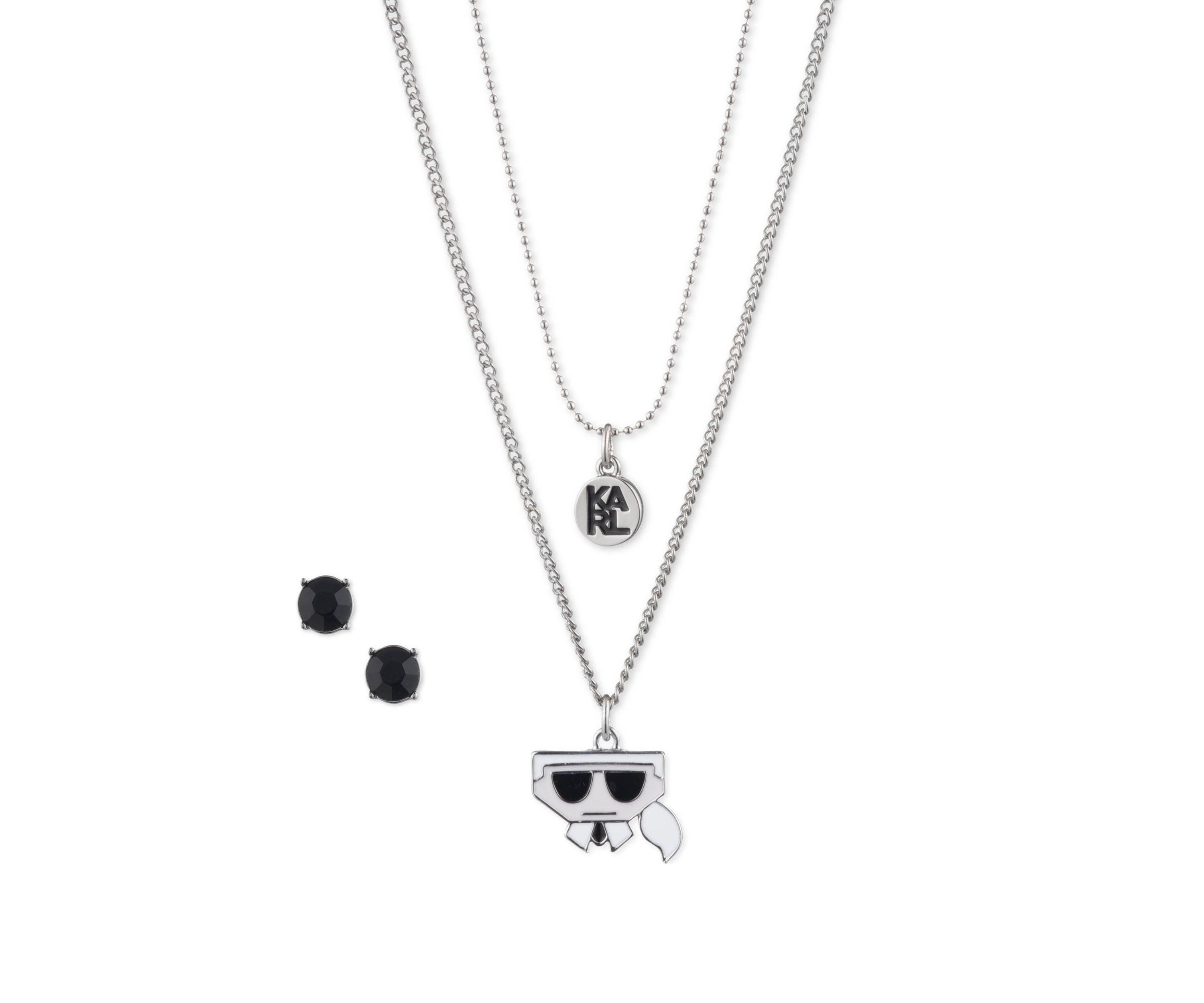  Black Stud and Logo Multirow Necklace and Earrings Set