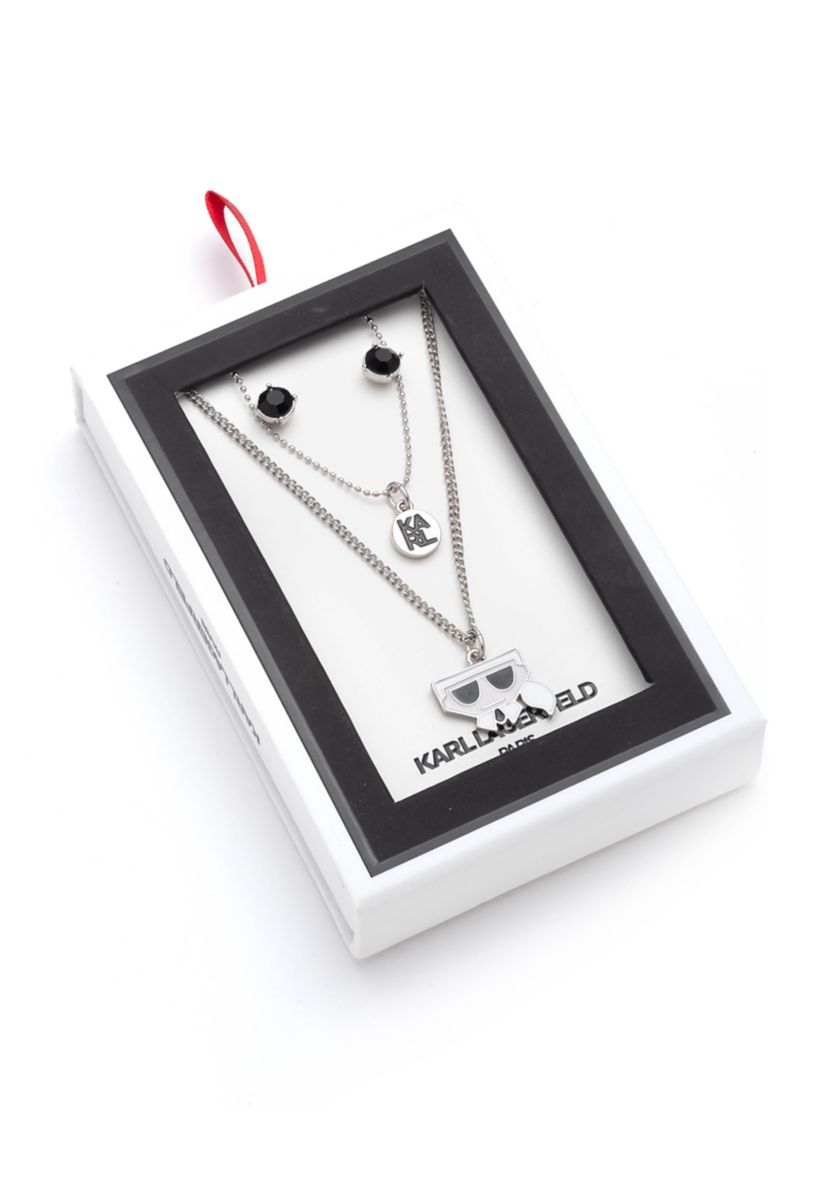  Black Stud and Logo Multirow Necklace and Earrings Set