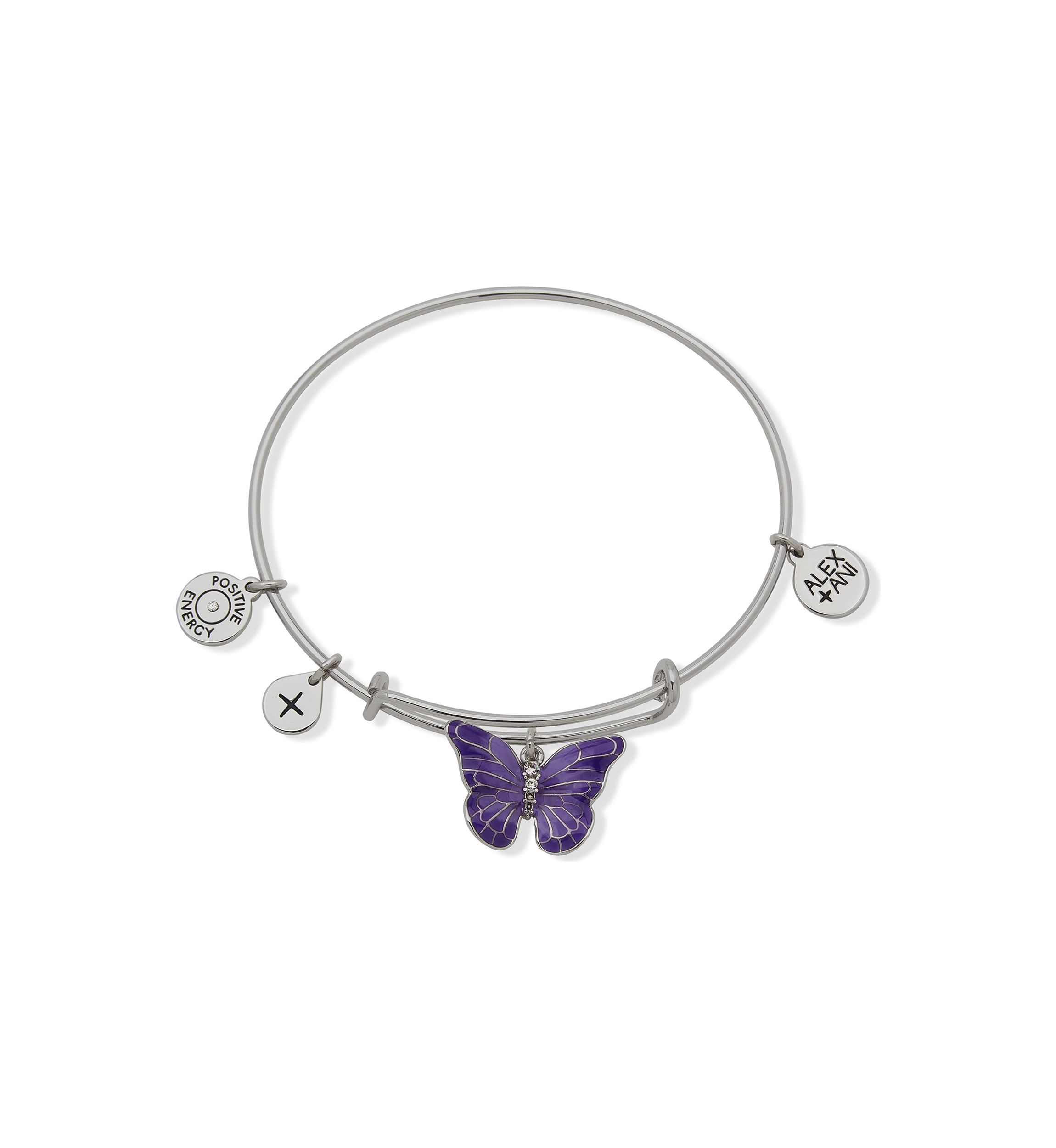 Silver Tone Purple Butterfly Expandable Charm Bangle Bracelet