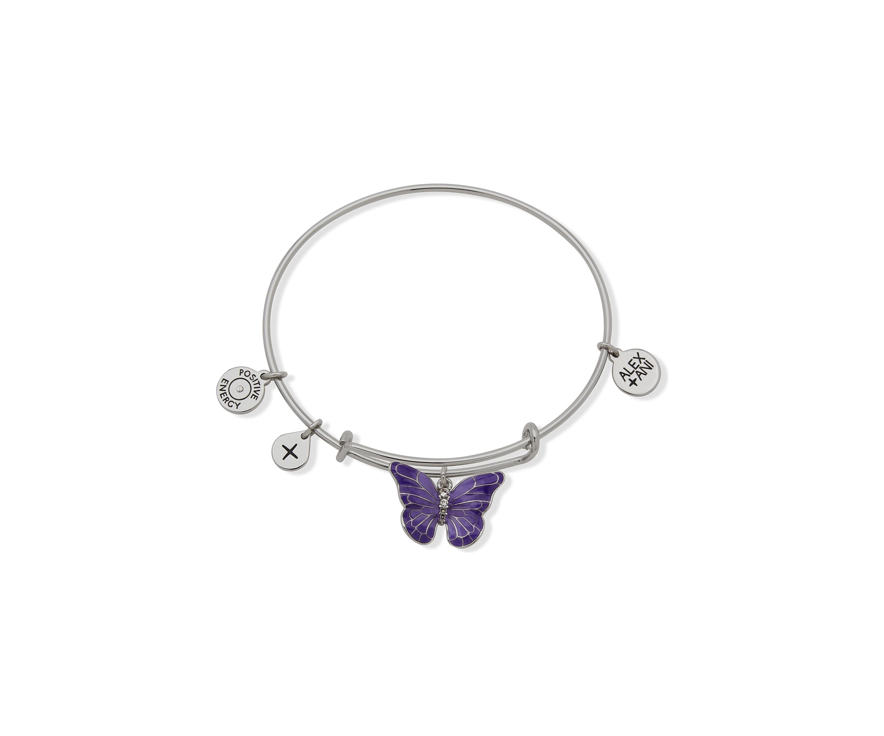 Silver Tone Purple Butterfly Expandable Charm Bangle Bracelet