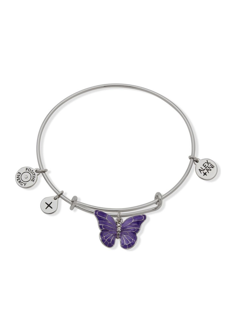 Silver Tone Purple Butterfly Expandable Charm Bangle Bracelet