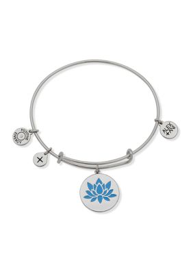 Silver Tone Blue Lotus Expandable Charm Bangle Bracelet