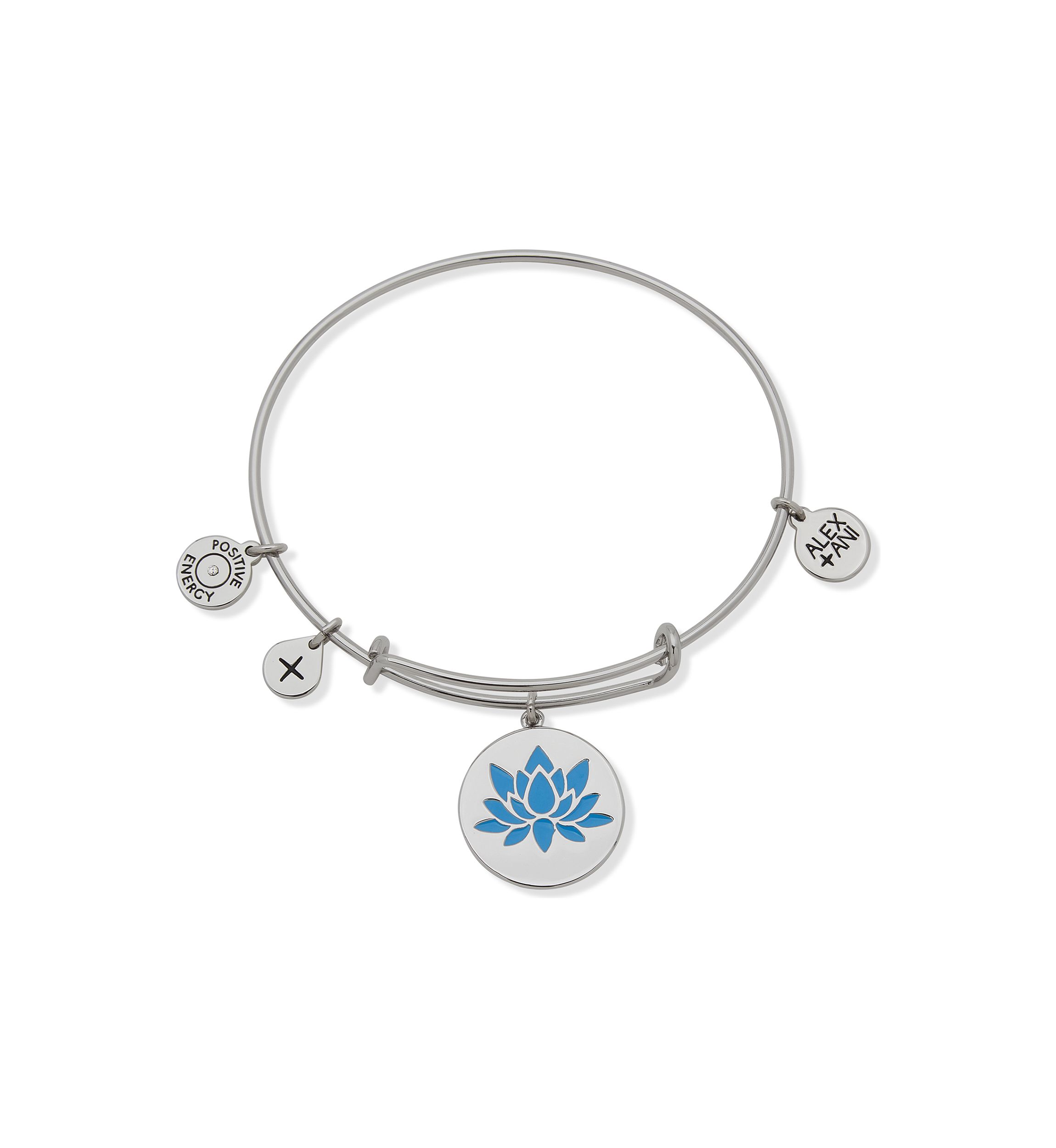 Silver Tone Blue Lotus Expandable Charm Bangle Bracelet