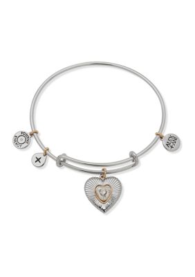Alex And Ani Silver Tone Crystal Stone Heart Expandable Charm Bangle Bracelet