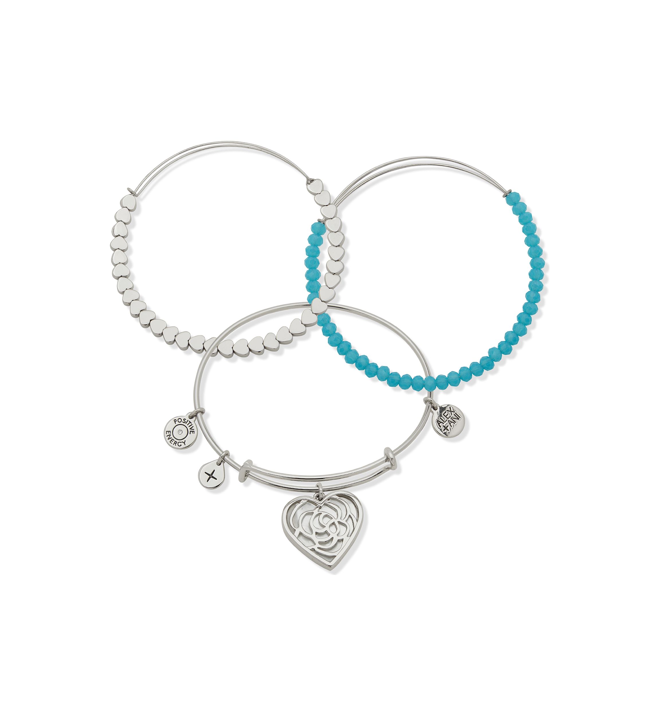 Silver Tone Set of 3 Blue Beaded Love Expandable Charm Positive Vibes Bracelets