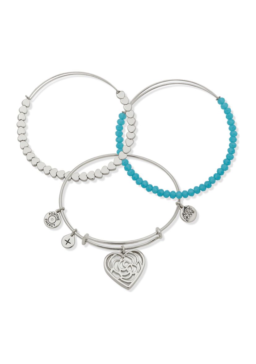 Silver Tone Set of 3 Blue Beaded Love Expandable Charm Positive Vibes Bracelets