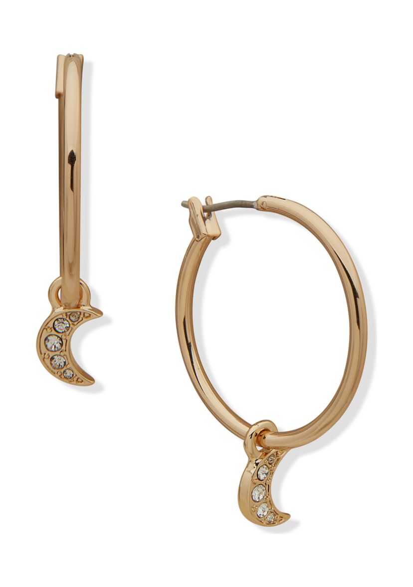 Gold Tone 25 Millimeter Crystal Hoop with Moon Drop Positive Vibes Every Day Earrings