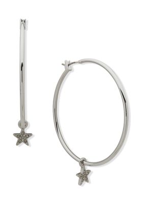 Silver Tone 45 Millimeter Crystal Hoop with Star Drop Positive Vibes Every Day Earrings