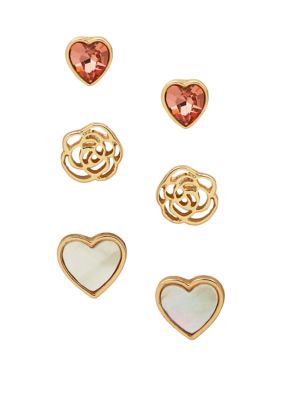 Gold Tone Pink Rose and Heart Stud Trio Earrings Set