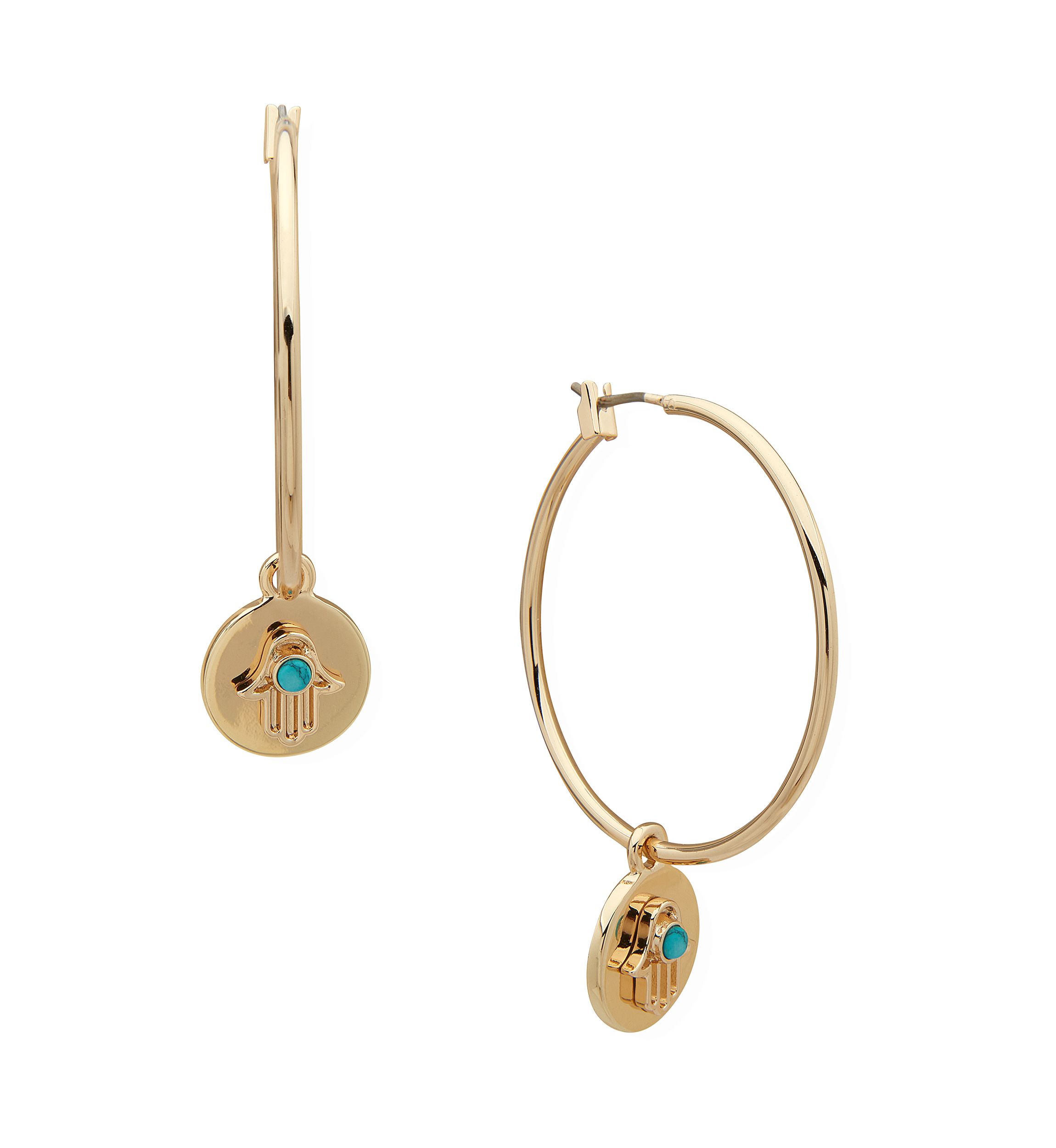 Gold Tone Turquoise Hoop with Hamsa Earrings