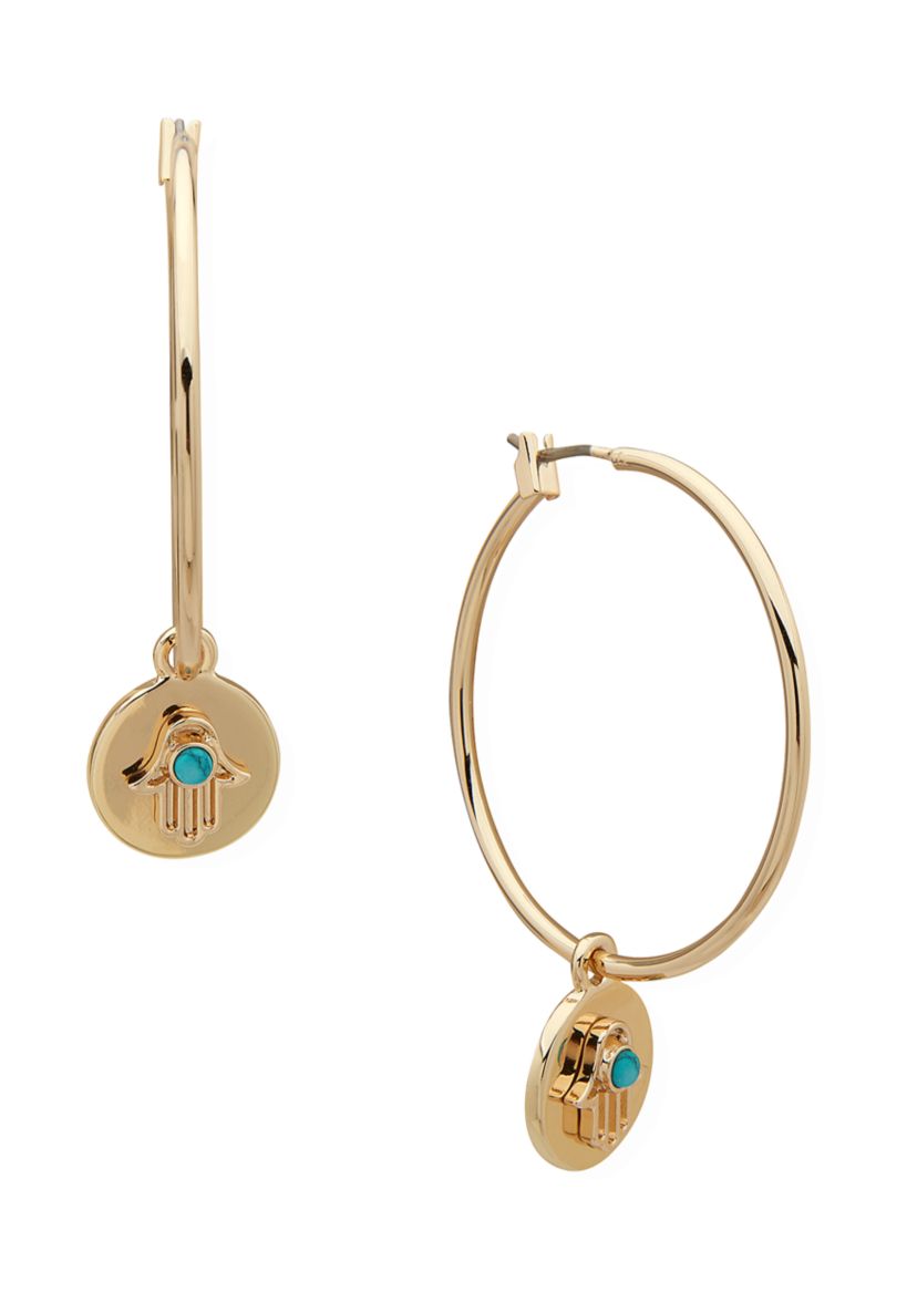 Gold Tone Turquoise Hoop with Hamsa Earrings