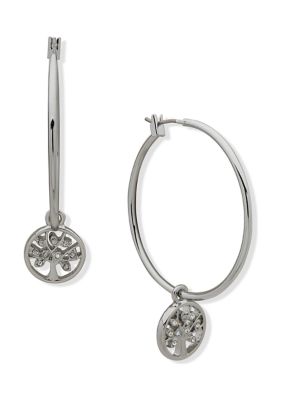 Silver Tone Crystal Hoop with Tree of Life Earrings