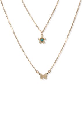 Alex and Ani Gold Tone Turquoise Multirow Flower Butterfly Pendant Necklace