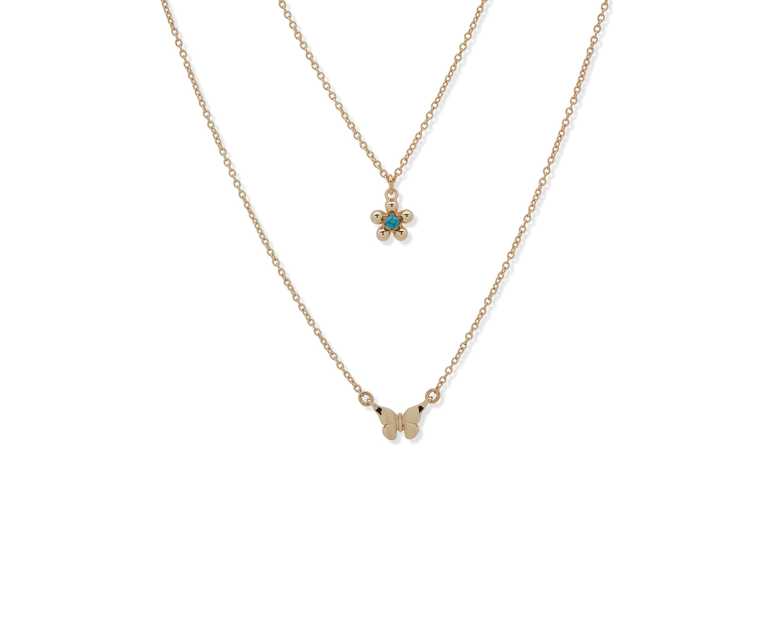Gold Tone Turquoise Multirow Flower Butterfly Pendant Necklace