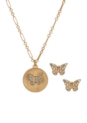 Gold Tone Crystal Butterfly Stud and Pendant Necklace and Earrings Set