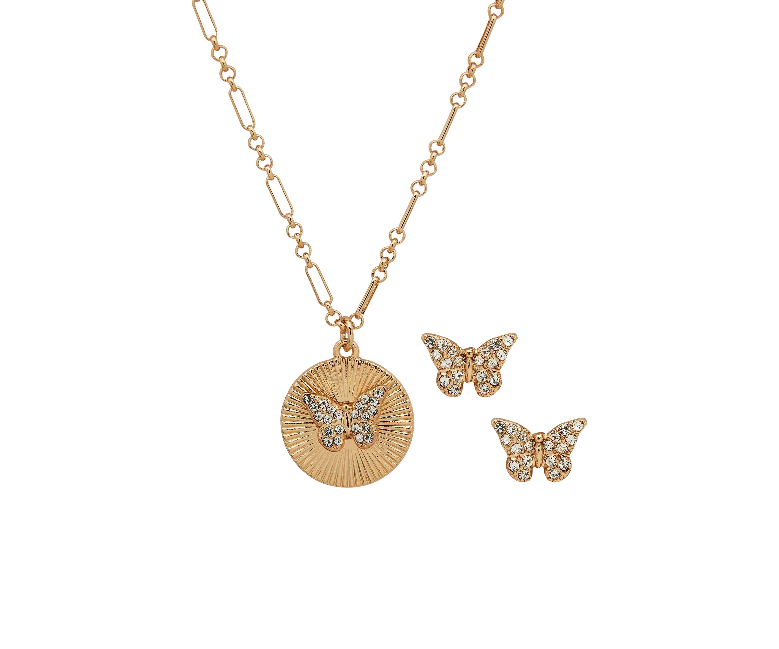 Gold Tone Crystal Butterfly Stud and Pendant Necklace and Earrings Set