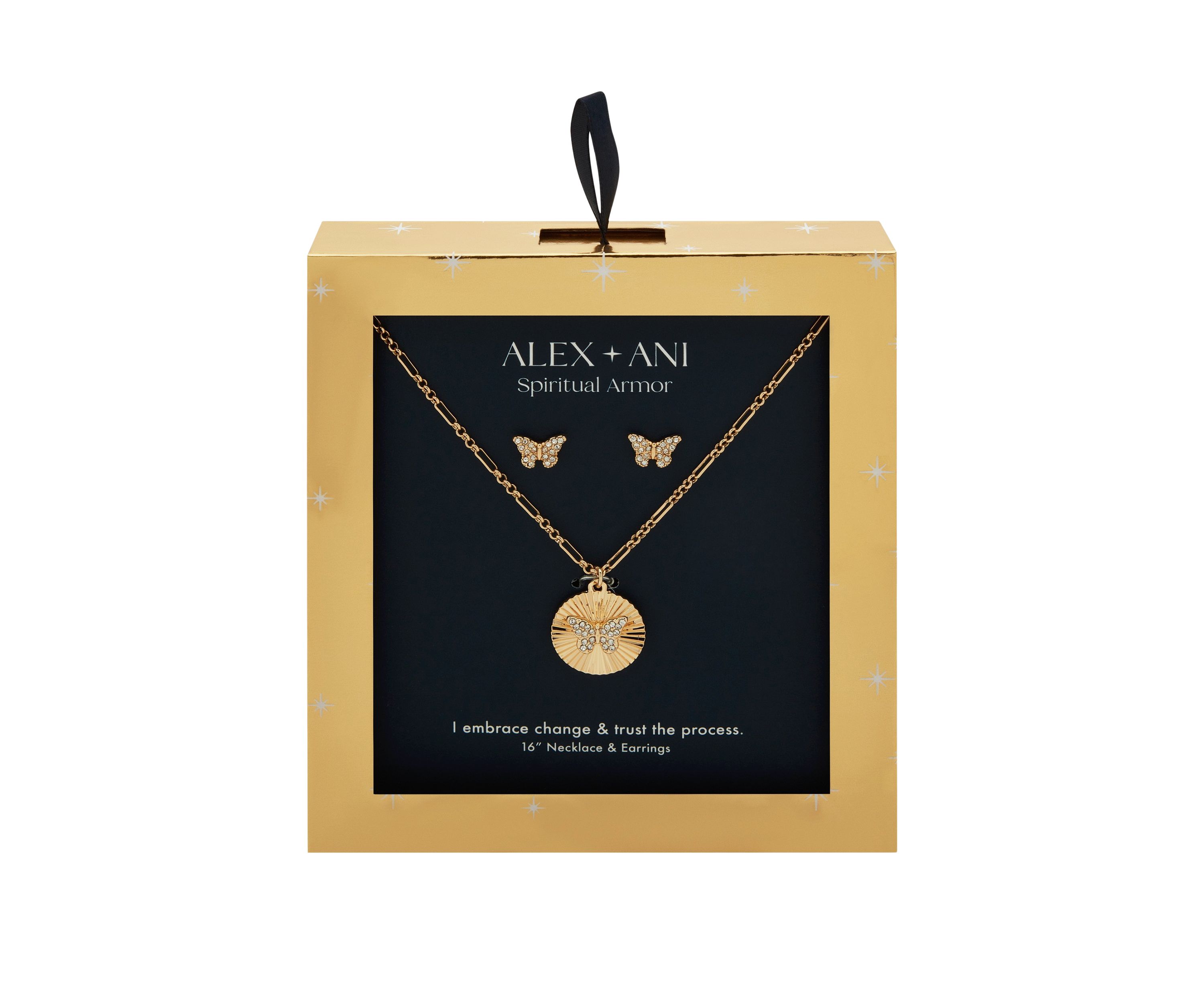 Gold Tone Crystal Butterfly Stud and Pendant Necklace and Earrings Set