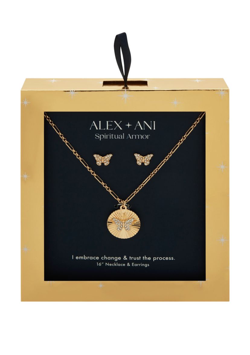 Gold Tone Crystal Butterfly Stud and Pendant Necklace and Earrings Set