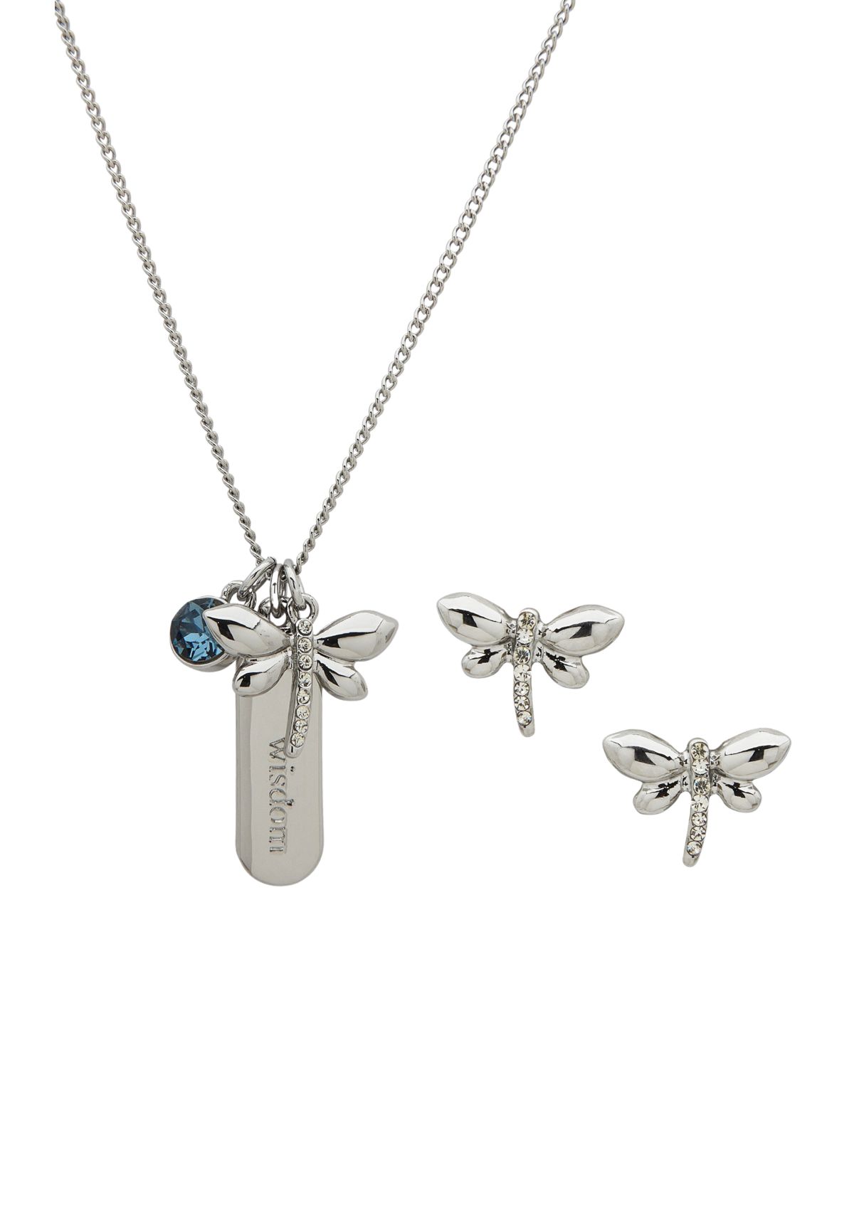 Silver Tone Blue Dragonfly Stud Earrings and Pendant Necklace Set